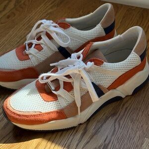 Women's White and Orange Mesh Fashion Sneakers